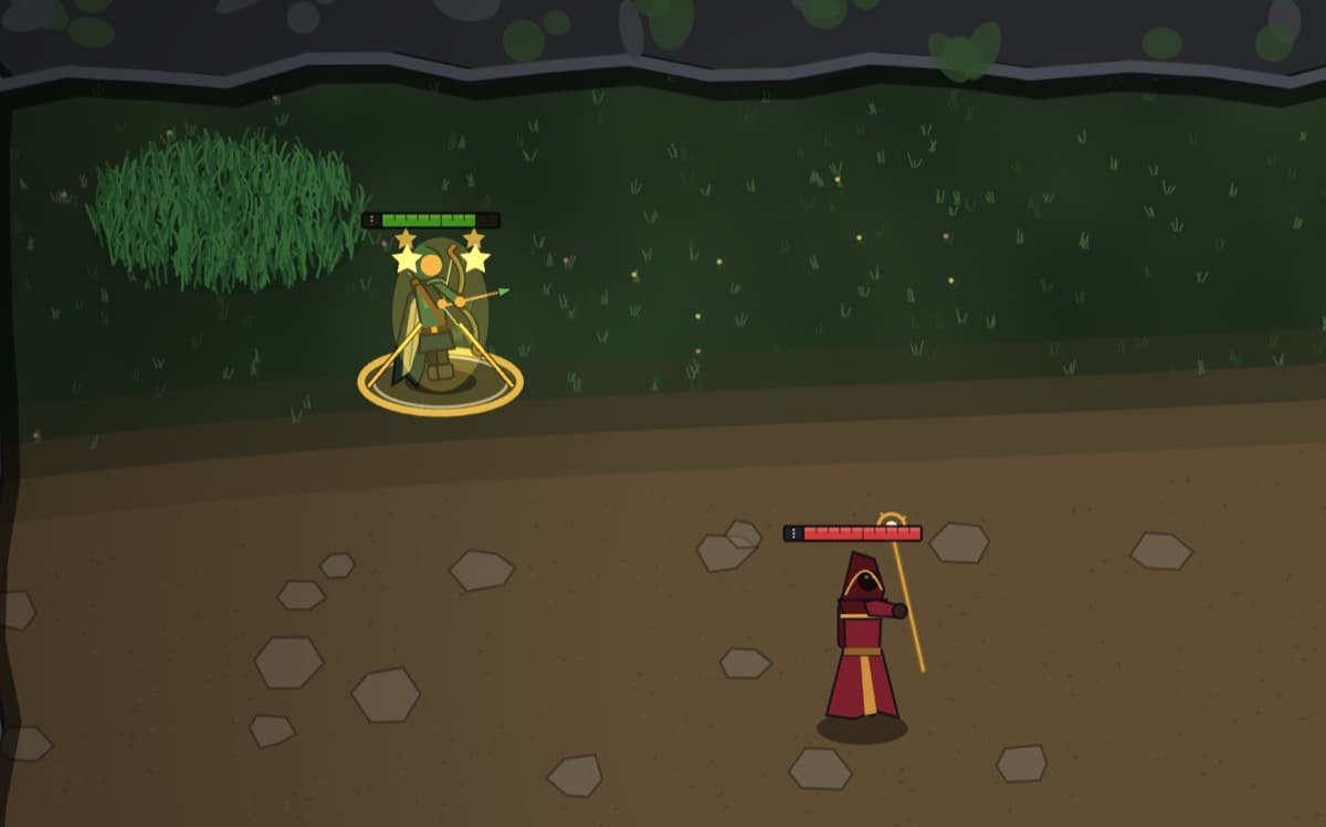 The archer stunned in a golden shackle with stars overhead, the robed caster nearby