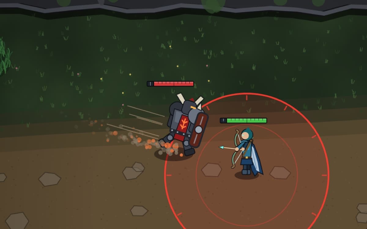 An armoured juggernaut charging at the archer, its red landing zone around her