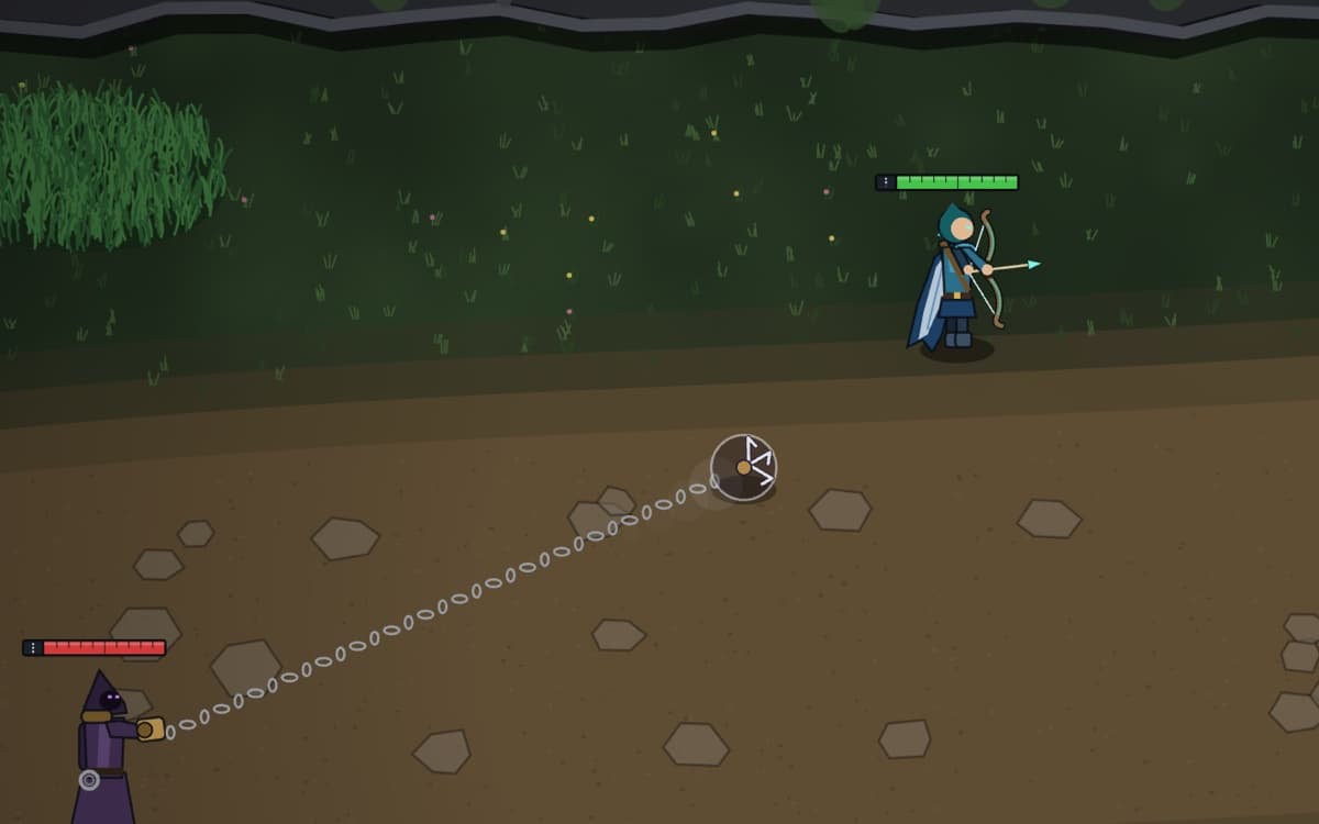 A hooded harpooner's chained hook flying toward the archer