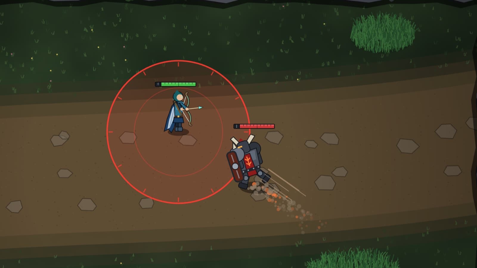 A juggernaut charging at a hooded archer, its red landing zone marking the impact point
