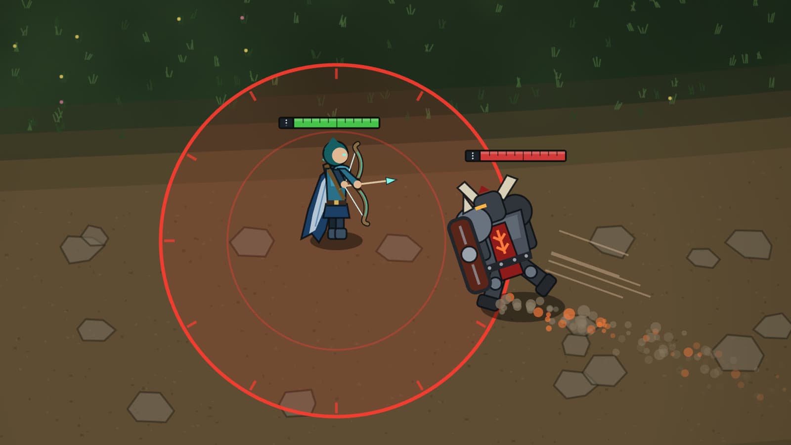 A juggernaut charging at a hooded archer, its red landing zone marking where it will hit