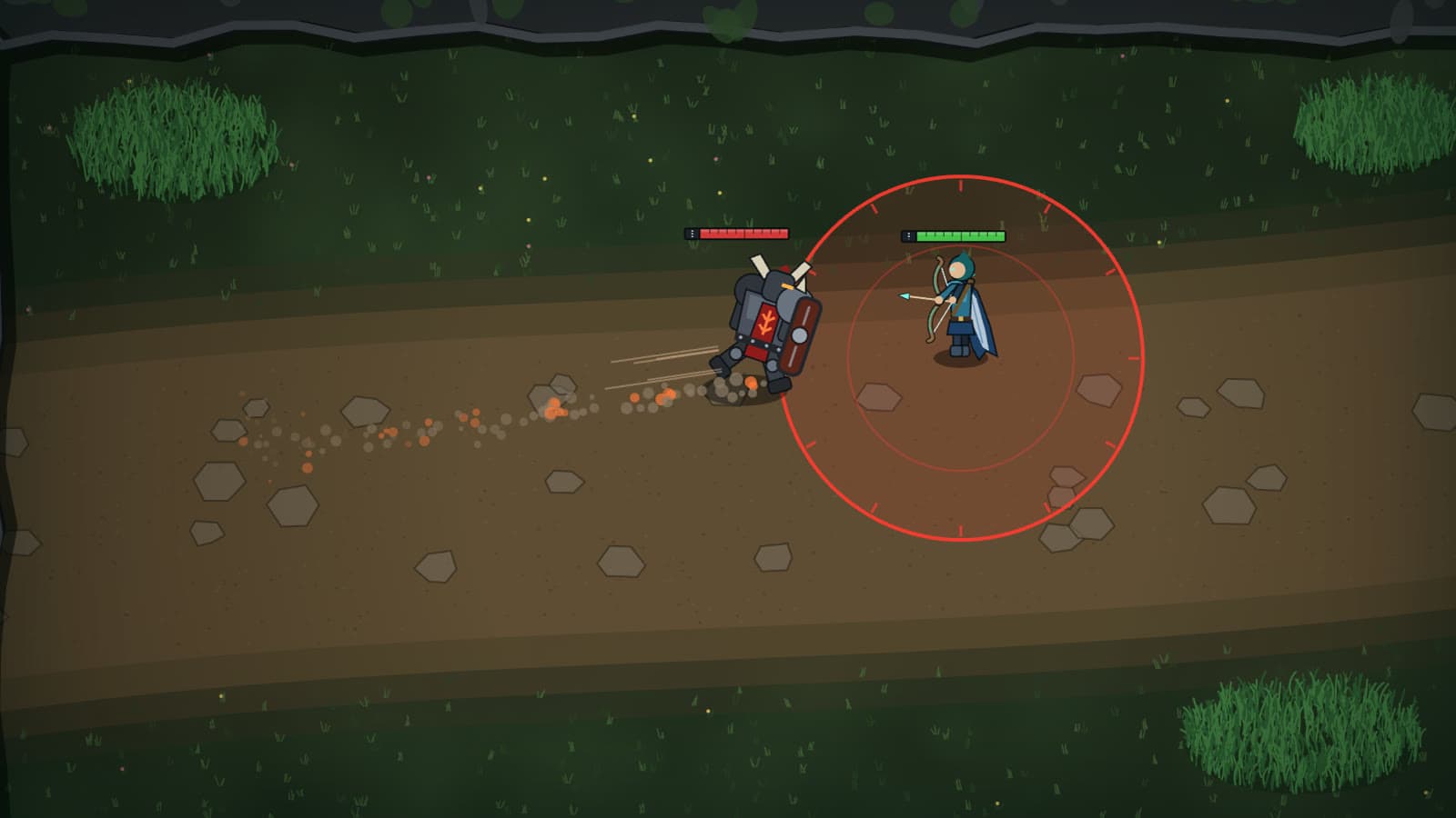A juggernaut charging at a hooded archer, its red landing zone marking the impact point