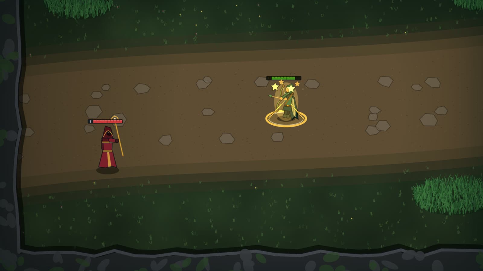 The archer cleansing a stun from a golden homing sigil cast by a robed caster