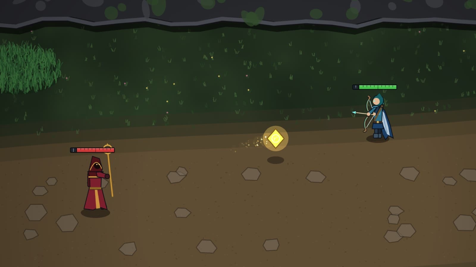 A golden homing sigil streaking from a robed caster toward the archer