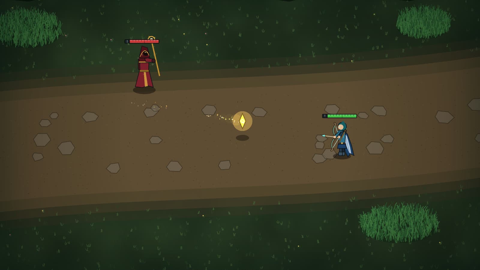 A golden homing sigil streaking from a robed caster toward the archer