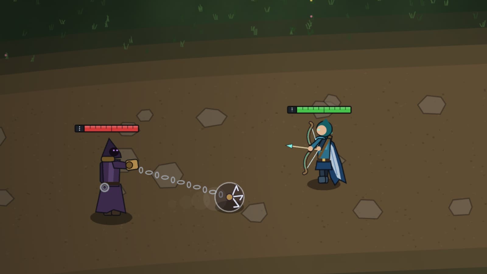 A harpooner throwing a chained hook at a hooded archer