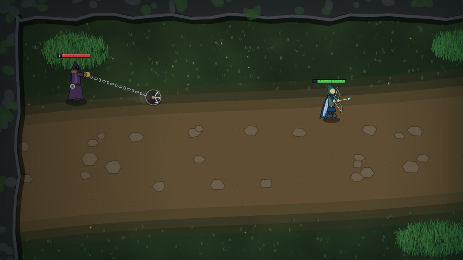 A harpooner throwing a chained hook at a hooded archer