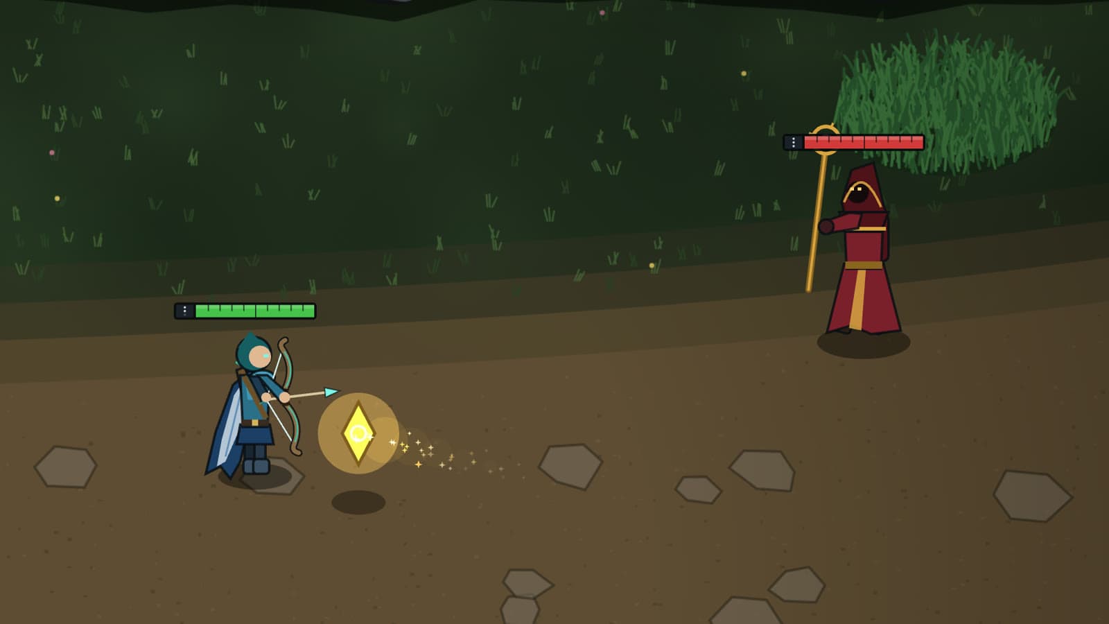 The archer cleansing a stun the moment a golden homing sigil from a robed caster hits her